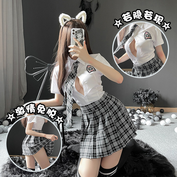 Sexy plaid student uniform set - seductive jk style pleated skirt with open-crotch design, pure & tempting outfit