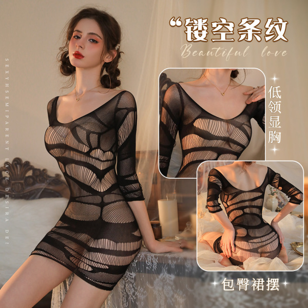 Woman modeling a sexy plus size lace bodysuit with bold striped sheer mesh, featuring a low neckline and body-hugging fit.