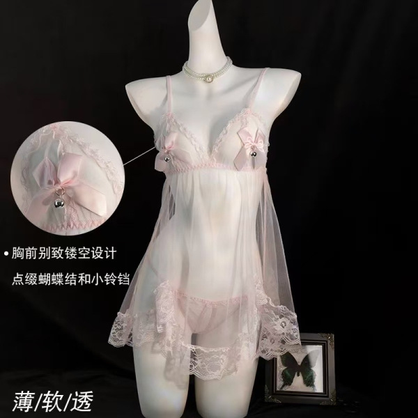 Sheer mesh cami bodysuit with lace trim and butterfly cutouts, featuring delicate bows and pearl necklace.