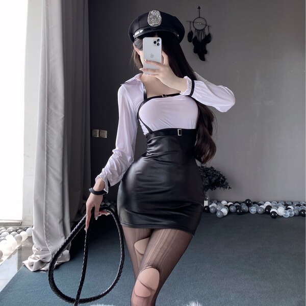 Sexy Secretary Outfit Set – Sleek Vinyl Mini Skirt & Tight Teacher Shirt Costume for Adults