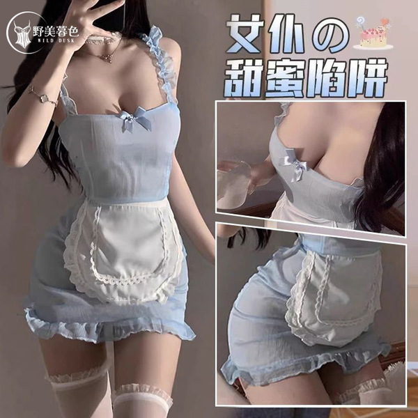 Sexy sheer japanese maid costume dress with apron - cute cosplay outfit for women