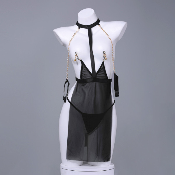 Sexy sheer black lingerie set with gold chains, featuring a transparent bodysuit and choker for intimate role play nights.