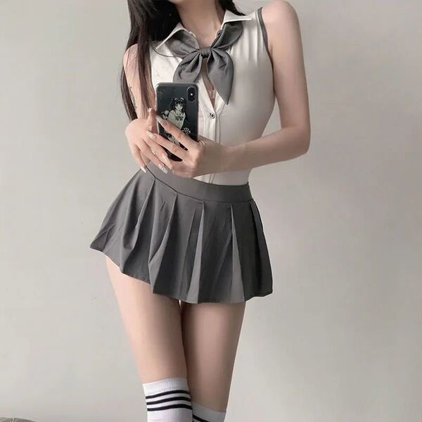 Sexy short backless lingerie set - pure & tempting student uniform costume for role play, featuring a sleeveless top with a b...