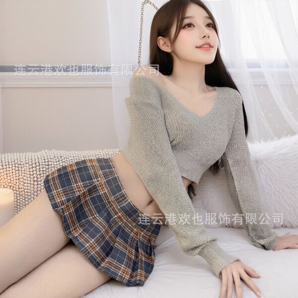 Sexy Student Uniform Set - JK Style Plaid Mini Skirt & Low-Neck Sweater Outfit for Adults