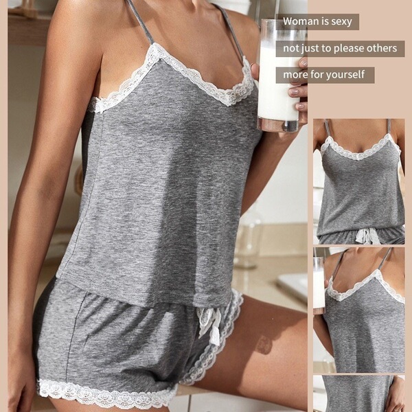Sexy summer sleepwear set for women – sleeveless lace tank & matching shorts pajama set, trendy lounge & intimate wear