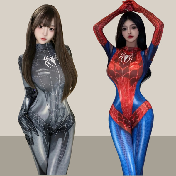 Two women modeling spider-man inspired sexy lingerie sets: one in sleek silver with white webbing, the other in classic red-b...