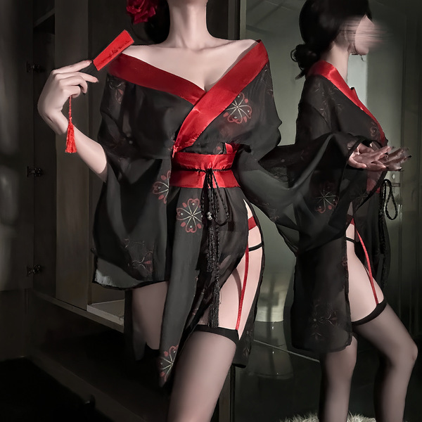 Tokyo Sakura Lace Kimono Lingerie Set – Japanese Vintage-Inspired Cutout Sleeve & Waist-Tie Romantic Nightwear