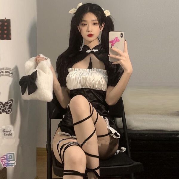 Vintage-inspired sexy lingerie set featuring a retro chinese qipao short sleeve split dress with seductive uniform style, per...