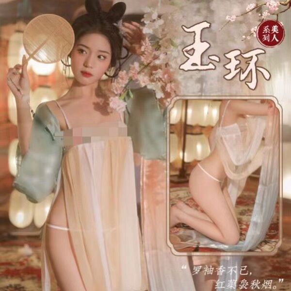 Vintage-inspired sheer silk look sleep dress with ancient chinese bodice, perfect for romantic evening wear.