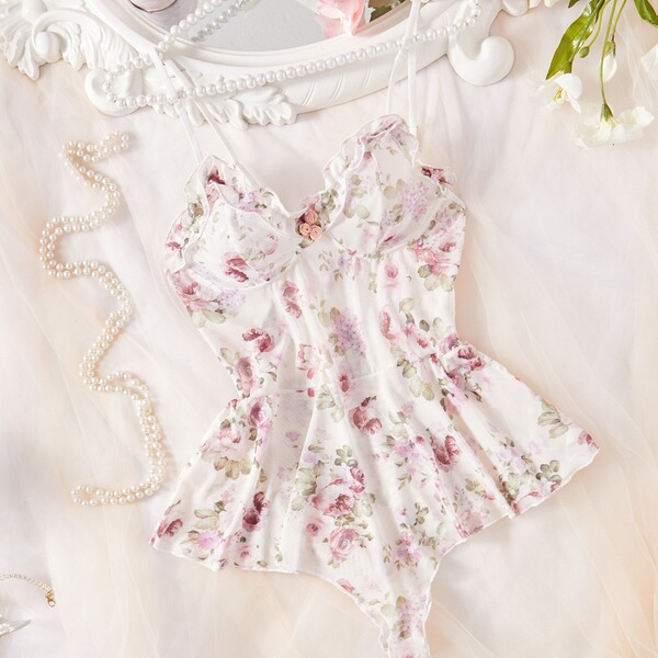 Womens full lace bodysuit featuring floral design, elegant european style, sheer sexy lingerie for women.