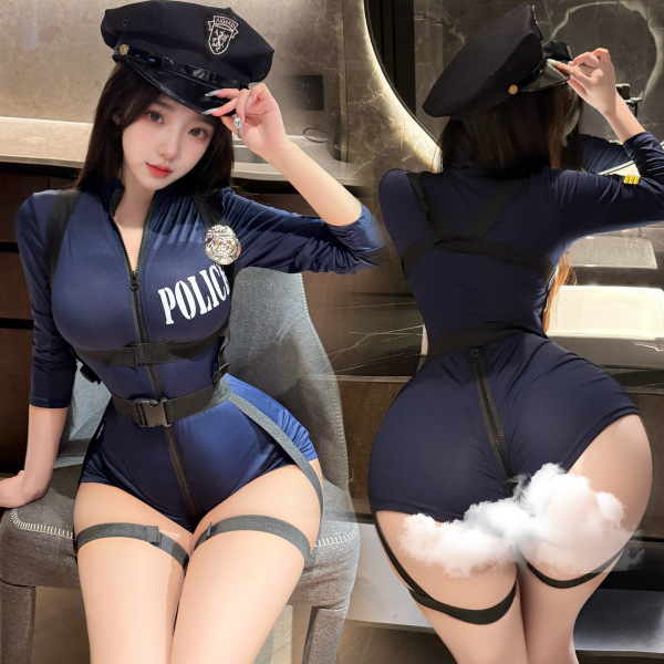 Womens sexy police uniform bodysuit with open-crotch design, featuring police print, cap, and garter straps for a sweet yet e...