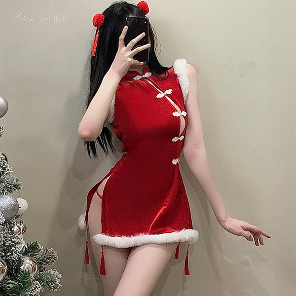 Xianyi Christmas Lingerie Set - Seductive No-Remove Cheongsam Outfit with Sheer Bust, Festive Sexy Costume