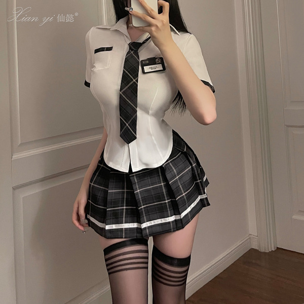 Sexy student-style jk uniform with plaid skirt and tie, perfect for women seeking a tight fit and seductive look. plus size a...