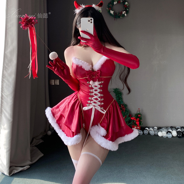Sexy new year outfit set featuring a red devil costume with pvc material, perfect for festive celebrations. includes corset d...