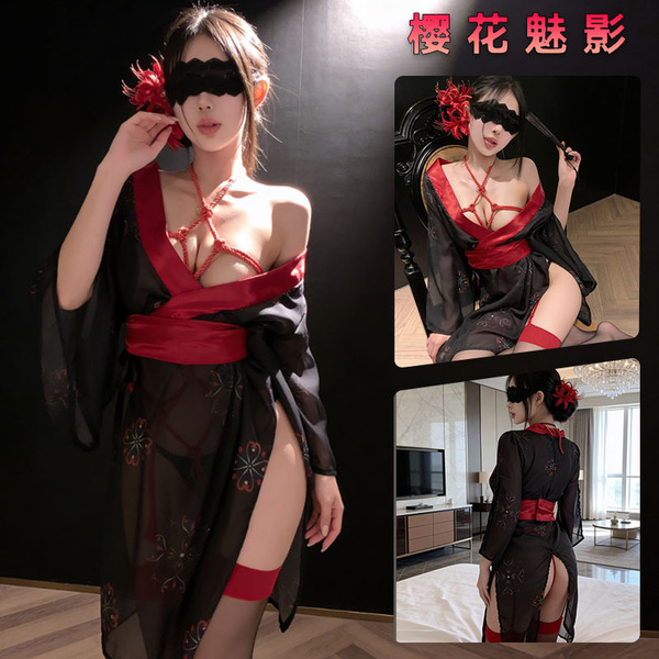 Japanese kimono print black sleepwear set featuring sexy design with red accents, perfect for y2k style allure.