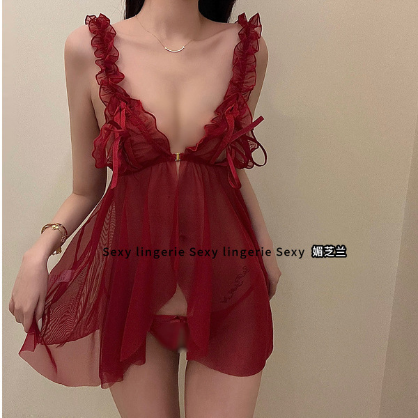 Sexy red sheer design with ruffled straps, perfect holiday costume or festive allure.