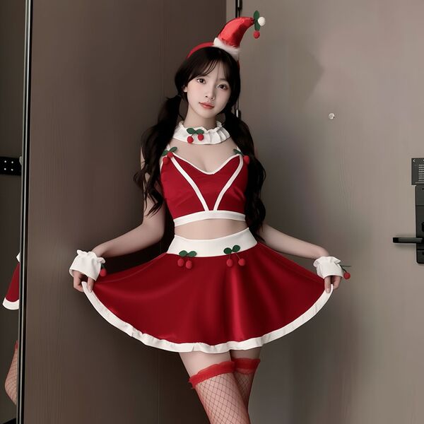 New Year Sexy Lingerie Set - Cherry-Themed Pure & Tempting Split Costume for Live Streamers