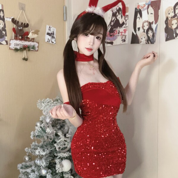 New Year Sexy Velvet Bodysuit with Sparkles - Christmas Bunny Girl Lingerie Set, Seductive Sleepwear & Outfit