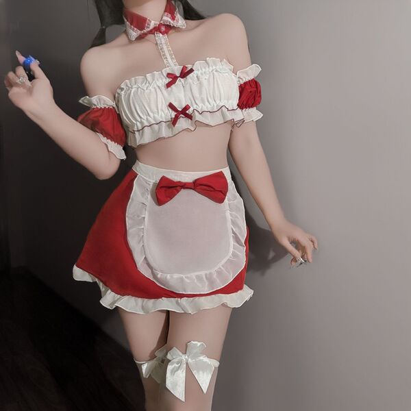 Sexy maid costume with red and white colors, featuring a strapless top, ruffled skirt, and bow accents, perfect for themed ev...