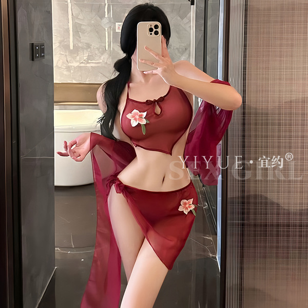 Vintage-inspired chinese dance maiden design featuring sheer silk belly band and sleepwear, perfect for curvy women seeking e...