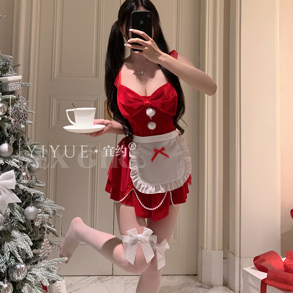 A woman poses with a cup, wearing a festive red chefs outfit from yiyue, perfect for holiday-themed roleplay or sleepwear.