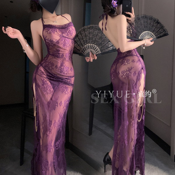 Yiyue purple lace sensual off-shoulder chemise - sheer temptation sleepwear & roleplay outfit, elegant design with intricate ...