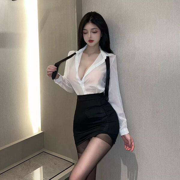 A stylish yujie-style secretary outfit featuring a sheer white blouse paired with a black mini skirt, perfect for a chic offi...