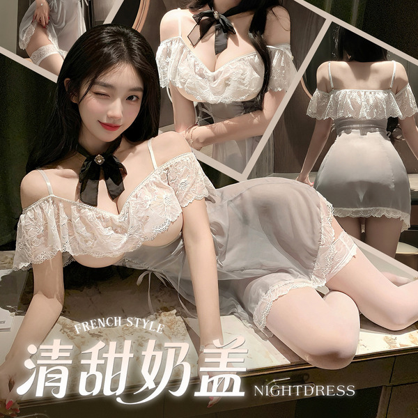 Feimu french elegant lace sleep dress with adjustable waist and sheer chest detail - sexy lingerie nightgown zy157