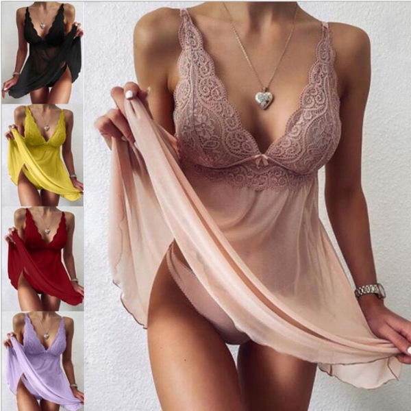 Sultry lace sheer sleepwear set - elegant womens sexy camisole & matching briefs, featuring lace detailing and sheer fabric f...