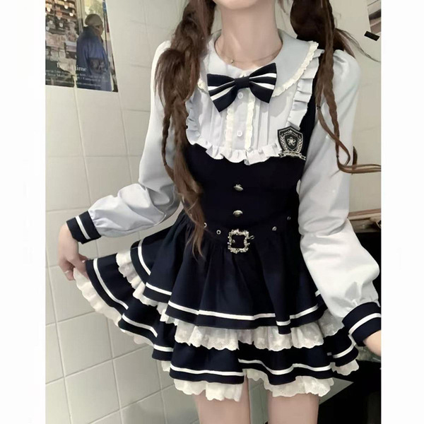 Sweet lace doll collar bow dress featuring american preppy style with a-line skirt, waist cinching, and ruffled details for s...