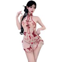 Sensual Butterfly Embroidery Sheer Cheongsam Sleepwear Set - Vintage Pure-Temptation Lingerie Outfit for Women thumbnail