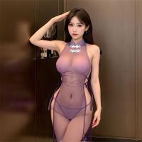 Plus Size Chinese Style Lingerie Set - Sheer Mesh Cheongsam with High-Waist Ties, Seductive No-Remove Outfit thumbnail