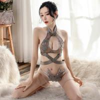 Vintage Lace Cross-Breast Cheongsam Sleep Dress - Sheer Mesh Erotic Lingerie with Floral Embroidery, Sensual Bedroom Wea