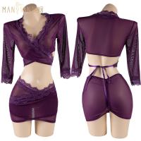 Mannyan Yujie Sheer Mesh Bodycon Dress - Purple Deep V Sexy Lingerie Outfit thumbnail