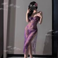 Purple Lace Sexy Lingerie Set for Women – Sheer Strap Nightdress with High Slit & Uniform-Inspired Design thumbnail