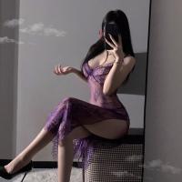 Purple Lace Sexy Lingerie Set for Women – Sheer Strap Nightdress with High Slit & Uniform-Inspired Design thumbnail