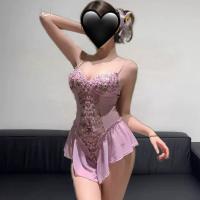 Floral Lingerie Sleepwear Set - Elegant Lace-Trimmed Bodysuit with Sheer Mesh & Push-Up Design