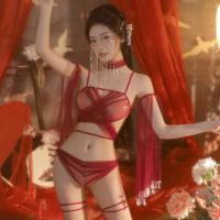 Manny Qing Ancient Chinese Red Sheer Lace Bralette Set - Sensual Hanfu-Inspired Sleepwear for Women