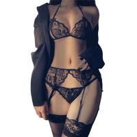 Seductive Lace Open-Crotch Lingerie Set - Naughty 3-Piece Costume with Garter Belt & Stockings thumbnail