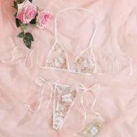 Lace Bra and Thong Set - 3-Piece Floral Embroidered Sexy Lingerie for Women, Elegant Bridal & Vacation Underwear thumbnail