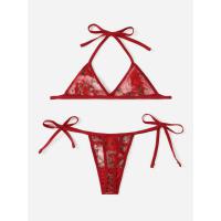 Lace Bra and Thong Set - 3-Piece Floral Embroidered Sexy Lingerie for Women, Elegant Bridal & Vacation Underwear thumbnail