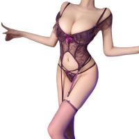 NightSigh NightSigh Lingerie Set - Purple Sheer Lace Backless Sensual Bodysuit with Floral Cutouts thumbnail