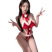 Mannyan Christmas Velvet Bodysuit Set - Sexy Open-Crotch Sleepwear with Halter Tie & Plush Trim thumbnail