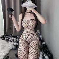 Cherry Romance Sheer Mesh Bodysuit for Women - Open-Crotch Transparent Lingerie with Wrapped Bust & Full-Body Net Stocki