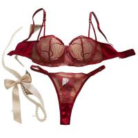 Wine Red Plus Size Lingerie Set - Sexy Sheer Mesh Bra & Panty Set with Lace Cutouts thumbnail