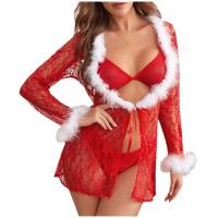 European-American Christmas Lace Sheer Robe Set - Sexy 3-Piece Lingerie Outfit, Pure & Tempting Uniform Style thumbnail
