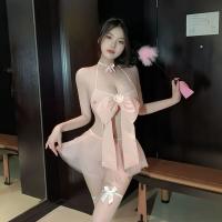Qingran Pink Bow Three-Piece Lingerie Set - Sheer Mesh Pure & Tempting No-Remove Outfit thumbnail