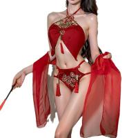 Red Lace Chinese-Inspired Busty Sleepwear - Sexy Hanfu-style Belly Dance Doudou with Tassels & Adjustable Ties thumbnail