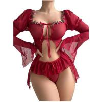 Red Sexy Lingerie Set -Europe and America-Style Bikini Outfit, Pure & Tempting Skirted Vacation Swimwear thumbnail