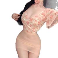 Sexy Lace Deep V Floral Sheer High-Waist Bodycon Dress Set - Plus Size Erotic Lingerie Outfit thumbnail